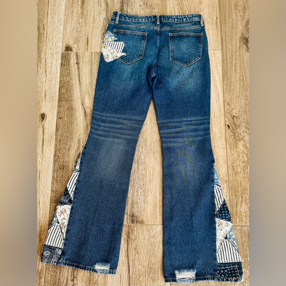 DRIFTWOOD Blue Vintage Wash Flare Jeans with Printed Panel Insets - Picture 3 of 9